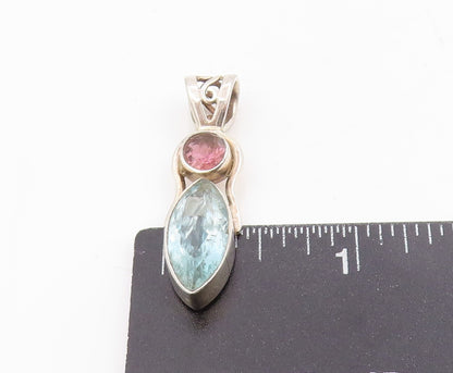 925 Sterling Silver Vintage Pendant Marquise Cut Blue Topaz Drop Charm  PT25441