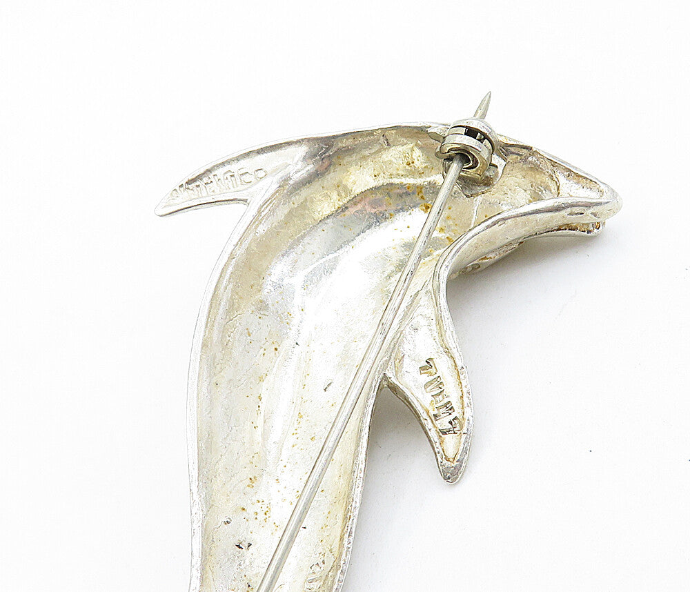 MEXICO 925 Sterling Silver Vintage Shiny Swimming Dolphin Brooch Pin BP2499