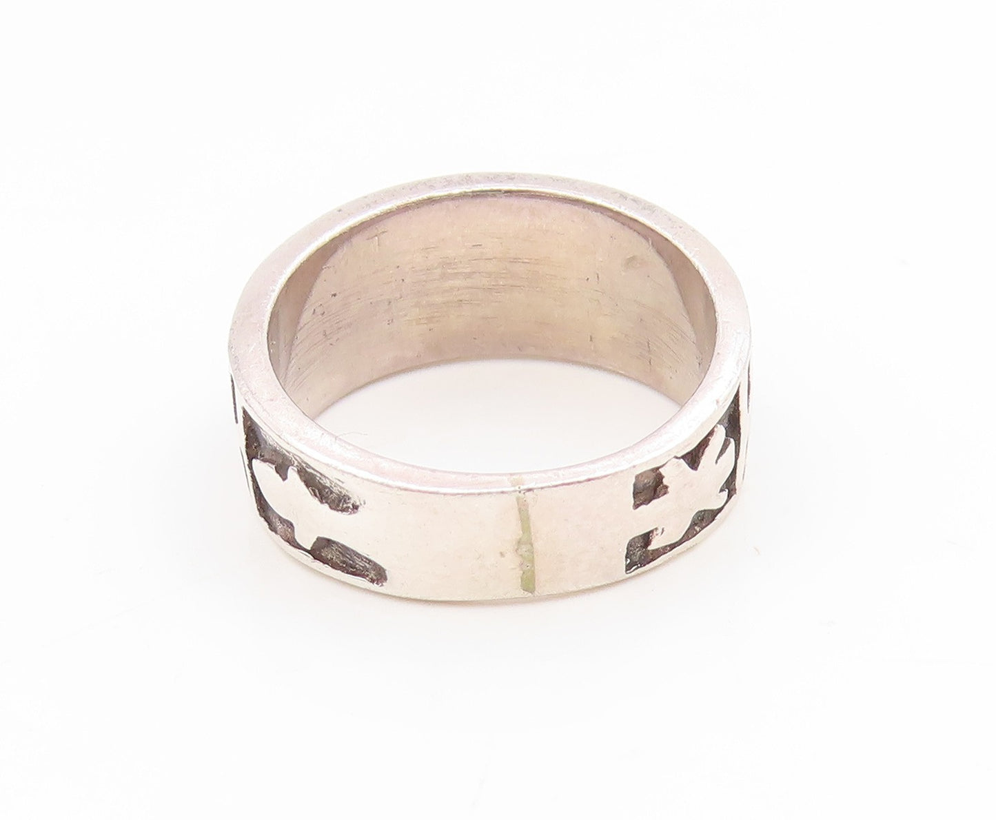 925 Sterling Silver Vintage Ring Modernist Carved Symbols Band  Sz 6  RG35297