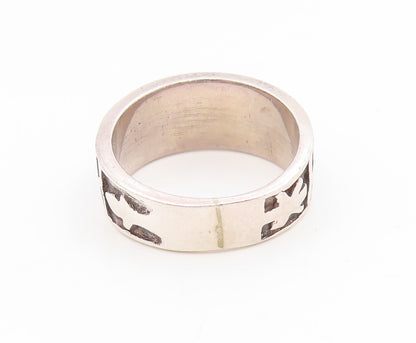 925 Sterling Silver Vintage Ring Modernist Carved Symbols Band  Sz 6  RG35297