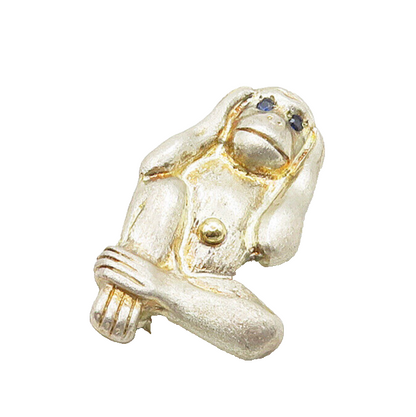 14k Gold 925 Sterling Silver Vintage  Hear No Evil Monkey Brooch Pin  BP6276