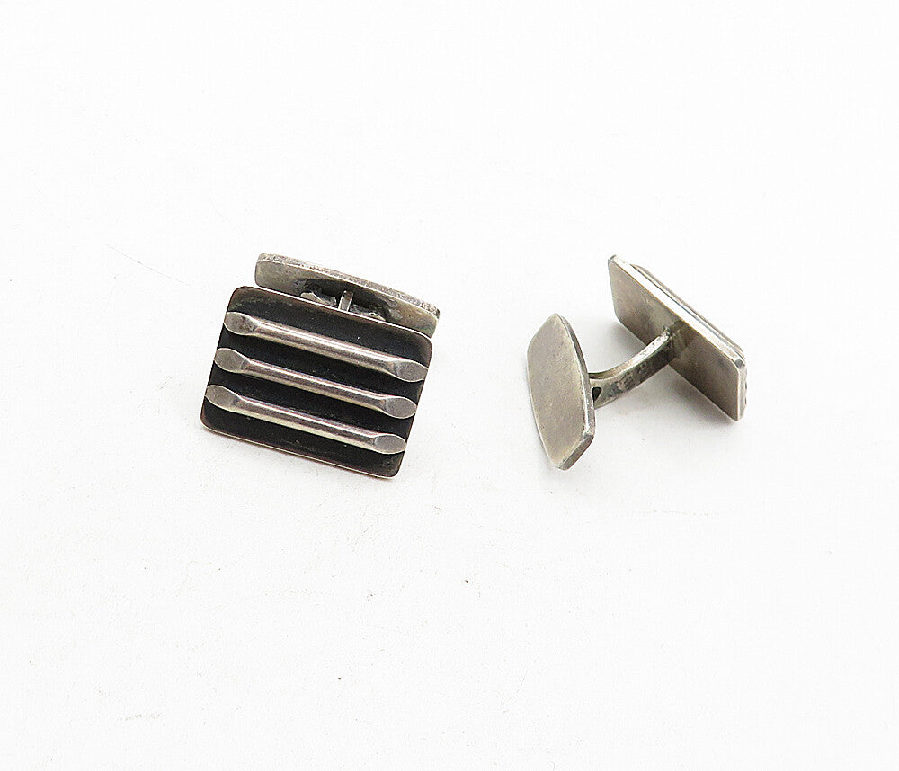 TH. F 925 Sterling Silver  Vintage Dark Tone Square Ribbed Cuff Links  TR1159