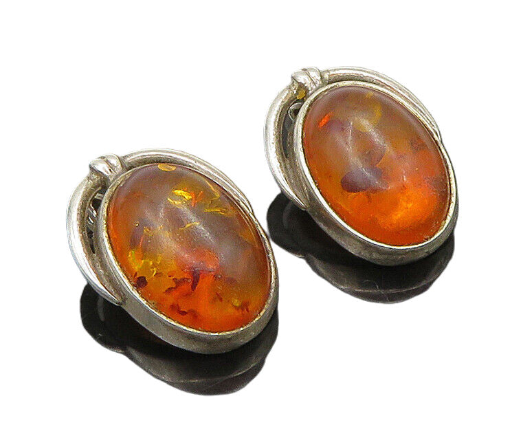 925 Sterling Silver   Vintage Cabochon Cut Amber Oval Drop Earrings  EG11289