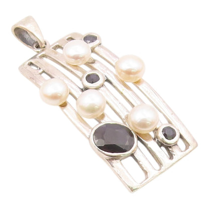 925 Silver  Vintage Cultured Pearls & Black Tourmaline Shiny Pendant  PT19610
