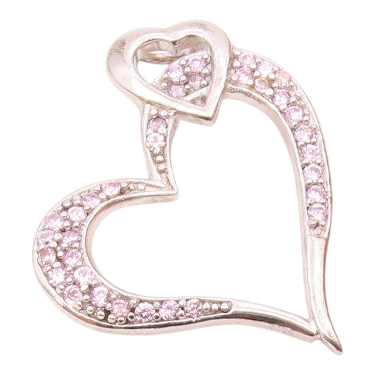925 Sterling Silver  Vintage Pink Topaz Open Love Heart Pendant  PT14620