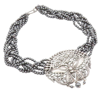 925 Sterling Silver Vintage Necklace Dark Tone Butterfly Hematite Bands  NE4483