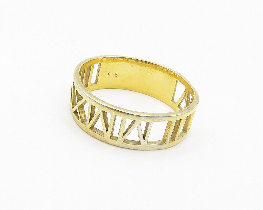 925 Silver  Vintage Shiny Gold Plated Roman Numerals Band Ring Sz 7  RG19373