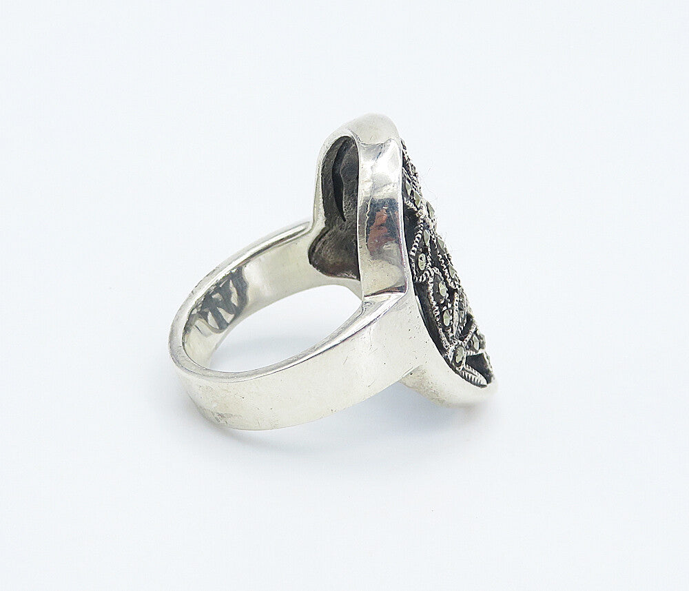 925 Sterling Silver  Marcasite Open Retro Flowers Cocktail Ring Sz 7.5  RG8323