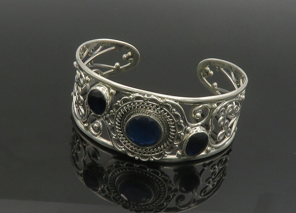 925 Sterling Silver   Vintage Blue Stone Floral Vine Cuff Bracelet  BT9088