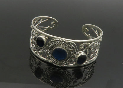 925 Sterling Silver   Vintage Blue Stone Floral Vine Cuff Bracelet  BT9088