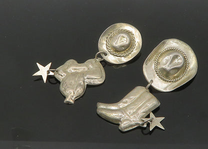 MEXICO 925 Silver  Vintage Cowboy Hat Saddle & Star Dangle Earrings  EG10516