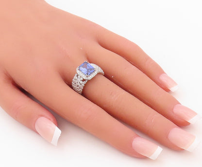 925 Sterling Silver Vintage Ring Square Cut Sapphire & CZ Band  Sz 7  RG30419