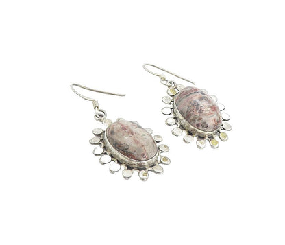925 Sterling Silver  Vintage Cabochon Cut Jasper Floral Dangle Earrings EG3641