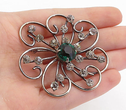 925 Sterling Silver  Vintage Green & White Topaz Floral Brooch Pin  BP2604