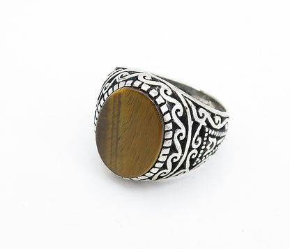 925 Sterling Silver Vintage Inlaid Tiger's Eye Dome Band Ring Sz 10.5 RG7362