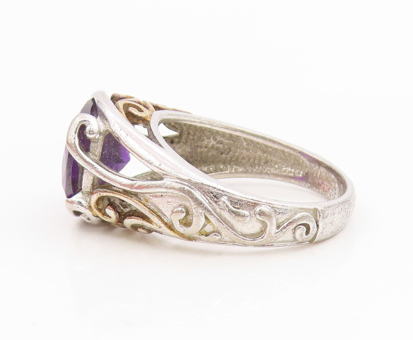 925 Sterling Silver Vintage Ring Faceted Amethyst Openwork Band  Sz 8  RG34884