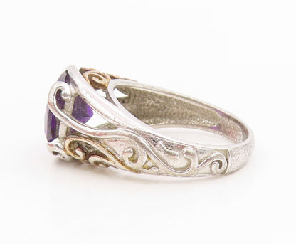 925 Sterling Silver Vintage Ring Faceted Amethyst Openwork Band  Sz 8  RG34884