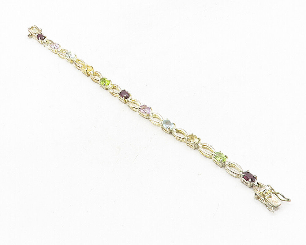 925 Sterling Silver  Shiny Amethyst Topaz & Peridot Chain Bracelet  BT4394