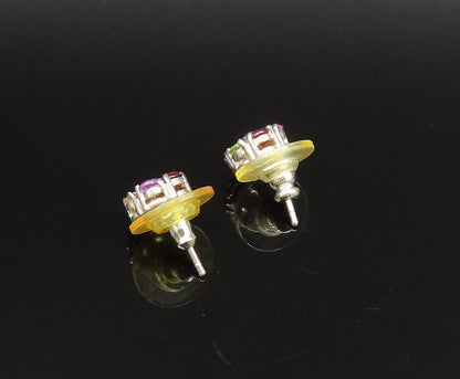 925 Silver  Vintage Peridot & Multi Gemstones Flower Stud Earrings  EG12117