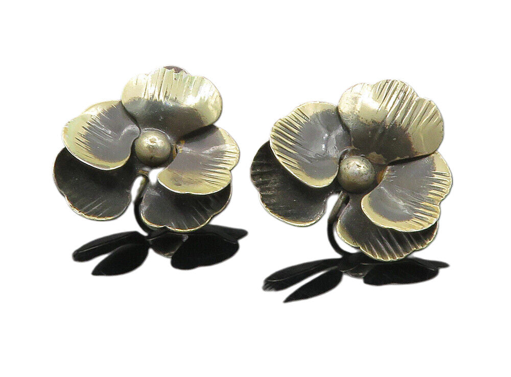 925 Sterling Silver  Vintage Oxidized Flower Motif Non Pierce Earrings  EG4641