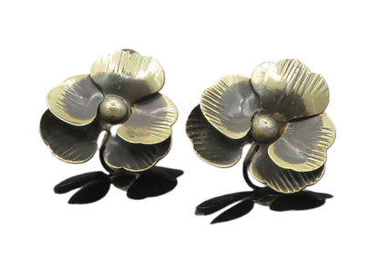 925 Sterling Silver  Vintage Oxidized Flower Motif Non Pierce Earrings  EG4641