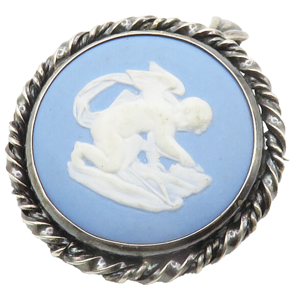 ENGLAND 925 Silver  Vintage Carved Baby Angel Blue Cameo Brooch Pin  BP5456