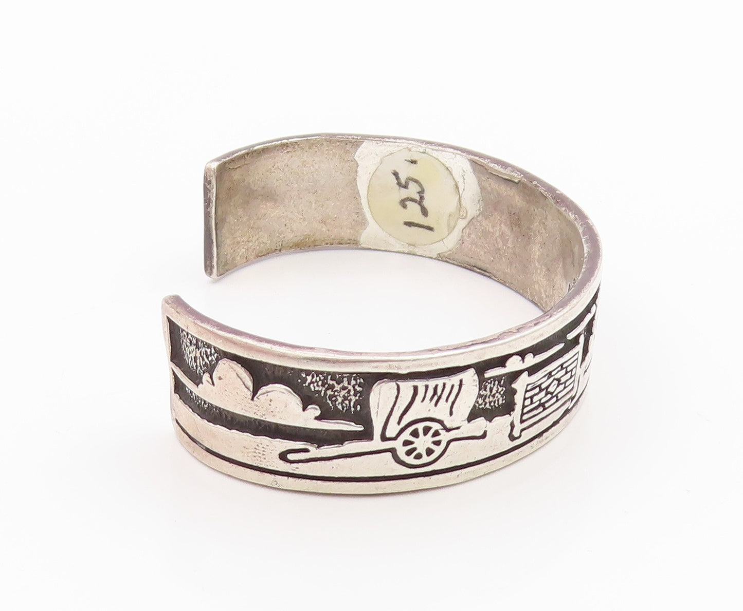 925 Sterling Silver Vintage Bracelet NAVAJO Village Life Carved Cuff  BT11342