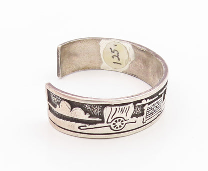 925 Sterling Silver Vintage Bracelet NAVAJO Village Life Carved Cuff  BT11342
