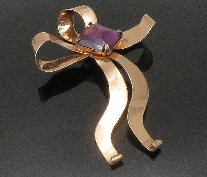 925 Sterling Silver  Vintage Amethyst Bow Tied Ribbon Shiny Brooch Pin  BP4909