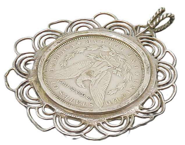 925 Sterling Silver  Vintage 1888 One Dollar U.S. Coin Pendant  PT16854
