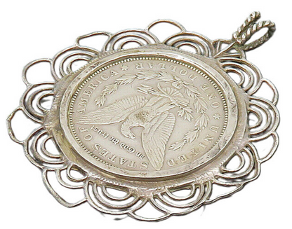 925 Sterling Silver  Vintage 1888 One Dollar U.S. Coin Pendant  PT16854
