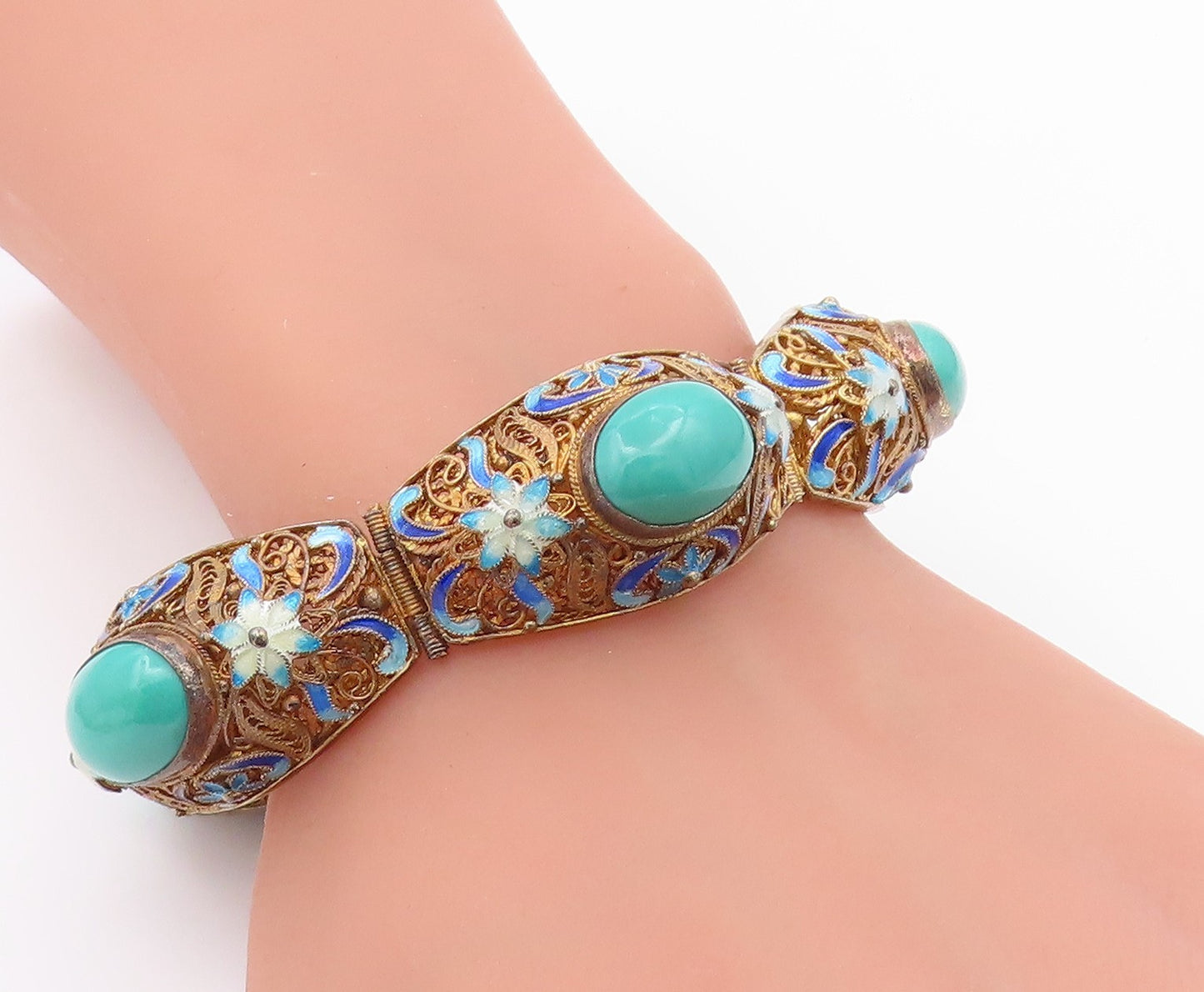 925 Sterling Silver Vintage Bracelet CHINESE EXPORT Turquoise Filigree  BT12192