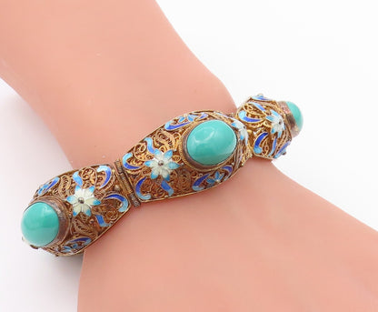 925 Sterling Silver Vintage Bracelet CHINESE EXPORT Turquoise Filigree  BT12192