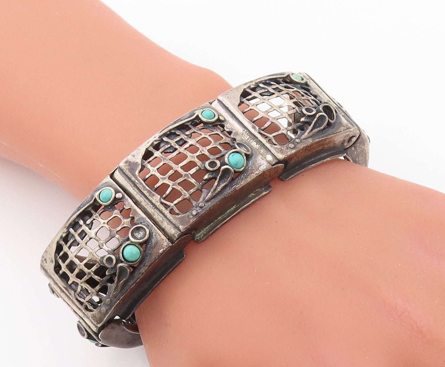 925 Sterling Silver Vintage Bracelet AMIR PORAN Net Cutout Turquoise  BT10831