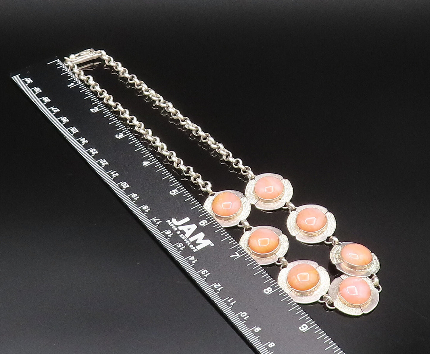 925 Sterling Silver  Vintage Seven Stone Cabochon Agate Chain Necklace  NE3998
