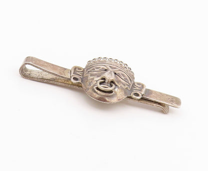 925 Sterling Silver Vintage Tie Clip Dark Tone Trible Man Face Carved  TR3871