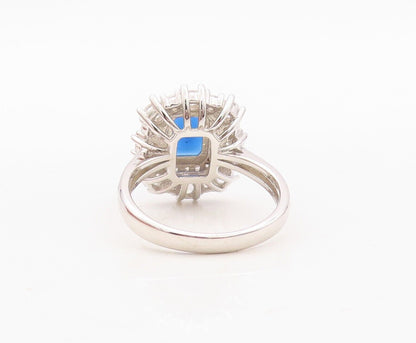 925 Sterling Silver Vintage Ring Rectangle Cut Sapphire Halo CZ  Sz 7  RG29986