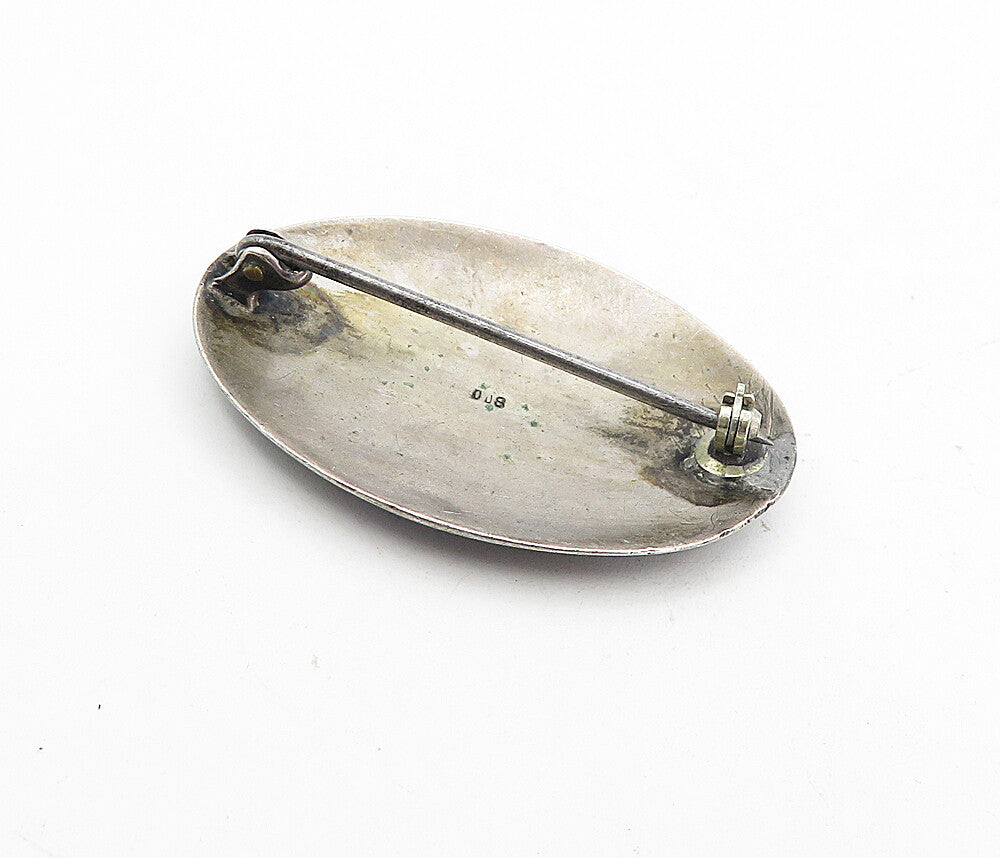 925 Sterling Silver  Vintage Enamel Rose Flower Art Oval Brooch Pin  BP3003