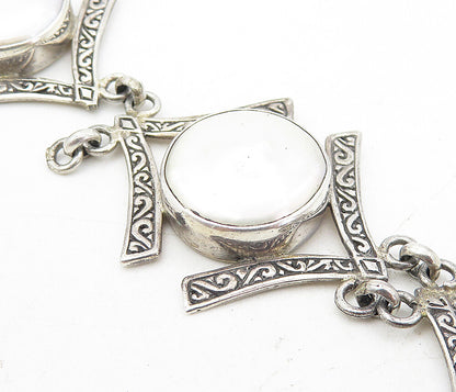 925 Sterling Silver  Vintage Mother Of Pearl Swirl Chain Bracelet  BT3721