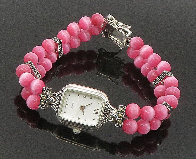 925 Sterling Silver  Beaded Cat's Eye & Marcasite Watch Bracelet  BT1022