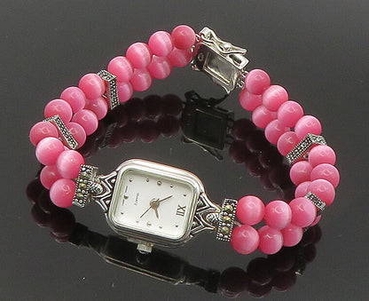 925 Sterling Silver  Beaded Cat's Eye & Marcasite Watch Bracelet  BT1022
