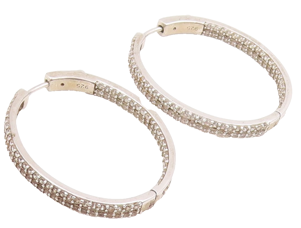925 Sterling Silver Vintage Earrings Multi Row CZ Pave Elegant Oval Hoop EG14072