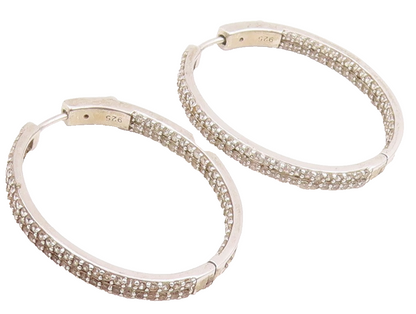 925 Sterling Silver Vintage Earrings Multi Row CZ Pave Elegant Oval Hoop EG14072