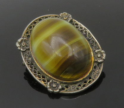 925 Sterling Silver  Vintage Cabochon Cut Agate Floral Brooch Pin  BP6126