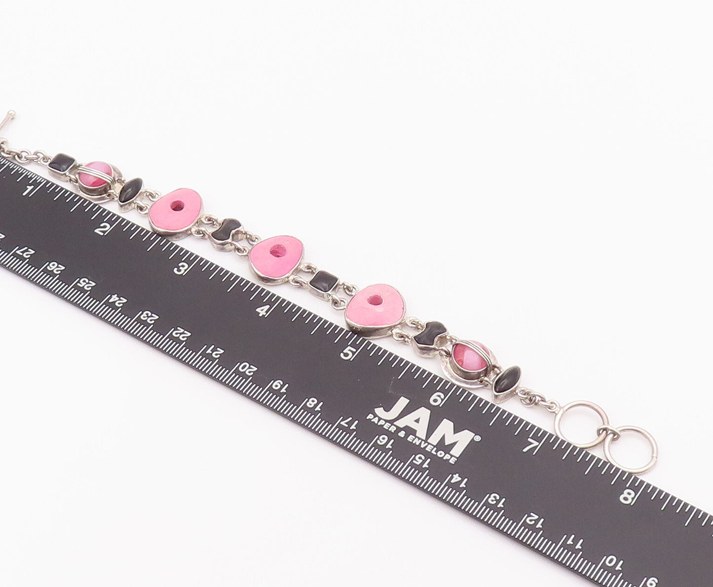 925 Sterling Silver Vintage Bracelet Linked Bubblegum Pink Donut Onyx  BT10378