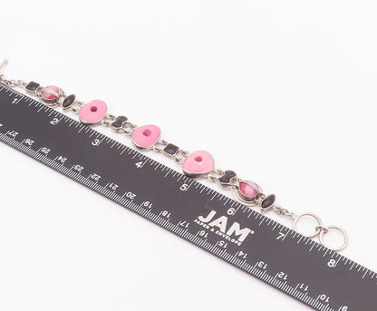 925 Sterling Silver Vintage Bracelet Linked Bubblegum Pink Donut Onyx  BT10378