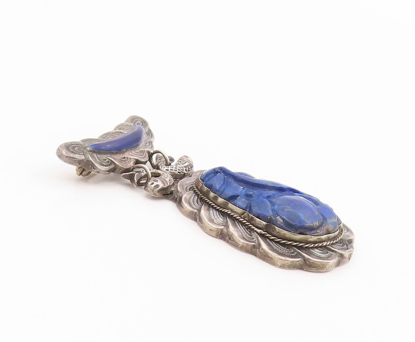 925 Sterling Silver Vintage Brooch Pin CHINESE EXPORT Lapis Lazuli  BP12532