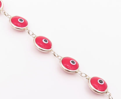 925 Sterling Silver  Vintage Red Evil Eye Protection Chain Bracelet  BT9403