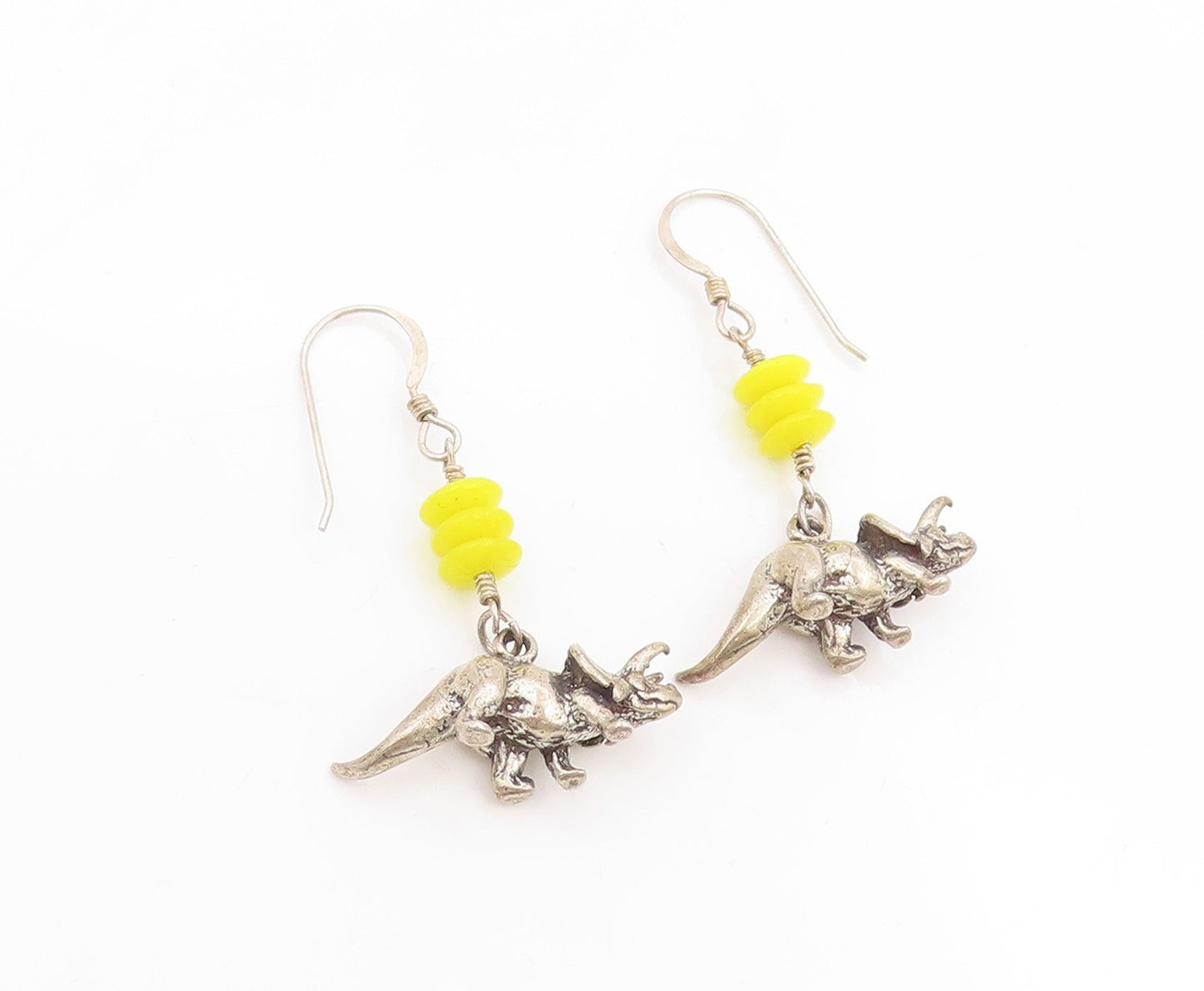 925 Sterling Silver Vintage Earrings Yellow Bead Dinosaur Charm Dangle  EG14056