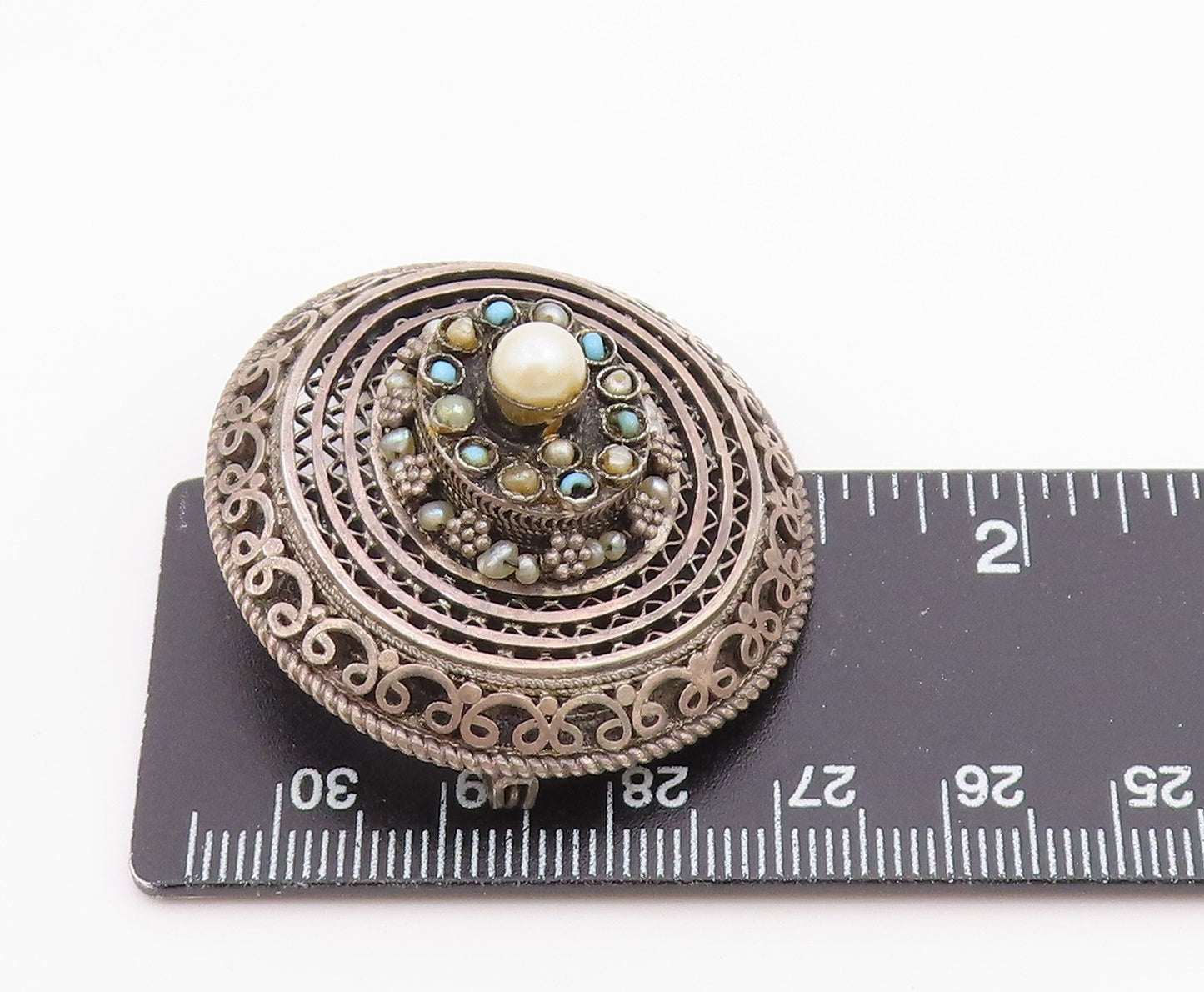ISRAEL 925 Silver  Vintage Antique Floral Pearl & Turquoise Brooch Pin  BP9743